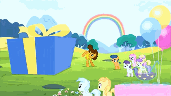 Size: 576x324 | Tagged: safe, screencap, character:cheese sandwich, character:cotton cloudy, character:dinky hooves, character:first base, character:noi, character:tornado bolt, species:earth pony, species:pegasus, species:pony, species:unicorn, episode:pinkie pride, g4, my little pony: friendship is magic, animal, animated, balloon, bipedal, colt, creature, cute, filly, grin, happy, hippopotamus, male, open mouth, present, rainbow, riding, running, saddle, smiling, squee, stallion, tack, walking