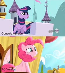 Size: 1435x1614 | Tagged: safe, screencap, character:pinkie pie, character:twilight sparkle, episode:pinkie pride, g4, my little pony: friendship is magic, frown, glorious master race, grin, leaning, open mouth, raised hoof, smiling, video game, windswept mane