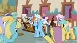 Size: 1366x768 | Tagged: safe, screencap, character:chelsea porcelain, character:cloud kicker, character:geri, character:lyra heartstrings, character:minuette, character:mr. waddle, character:parasol, character:pearly stitch, character:rainbow dash, character:rainbowshine, character:sassaflash, character:sunshower raindrops, episode:the mysterious mare do well, g4, my little pony: friendship is magic, animation error, cheer, cheering, missing horn, wingless