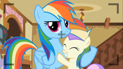 Size: 1366x768 | Tagged: safe, screencap, character:alula, character:pluto, character:rainbow dash, episode:the mysterious mare do well, g4, my little pony: friendship is magic, camera, camera shot, hug, lil dashies, side hug