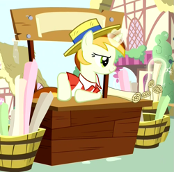Size: 1009x1000 | Tagged: safe, screencap, character:peachy pitt, species:pony, species:unicorn, episode:pinkie pride, g4, my little pony: friendship is magic, banner, boater hat, clothing, female, hat, magic, mare, paper, solo, telekinesis, vendor
