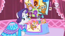 Size: 638x356 | Tagged: safe, screencap, character:rarity, character:trenderhoof, episode:simple ways, g4, my little pony: friendship is magic, bell jar, clothing, dress, fanfilly, grin, horn ring, lidded eyes, raised hoof, shrine, smiling