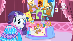 Size: 1920x1080 | Tagged: safe, screencap, character:rarity, character:trenderhoof, episode:simple ways, g4, my little pony: friendship is magic, bell jar, clothing, dress, fanfilly, horn ring, pointing, shrine, smiling
