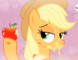 Size: 436x334 | Tagged: safe, screencap, character:applejack, species:earth pony, species:pony, episode:simple ways, g4, my little pony: friendship is magic, apple, apple juice, applejuice meme, juice, messy eating, out of context, solo, stupid sexy applejack, sweat