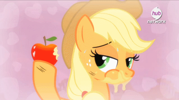 Size: 598x336 | Tagged: safe, screencap, character:applejack, species:earth pony, species:pony, episode:simple ways, g4, my little pony: friendship is magic, abstract background, animated, apple, apple juice, applejuice meme, dirty, eating, female, heart, juice, lidded eyes, looking at you, mare, messy, messy eating, out of context, puffy cheeks, safe by show, smiling, solo, swallowing, sweat, wiping, you know for kids