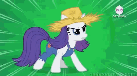 Size: 480x268 | Tagged: safe, screencap, character:rarity, episode:simple ways, g4, my little pony: friendship is magic, animated, clothing, derp, faec, farmfilly, hat, hub logo, hubble, overalls, rarihick, solo, straw hat, the hub