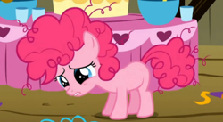 Size: 444x244 | Tagged: safe, screencap, character:pinkie pie, filly, messy mane, sad, solo