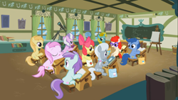 Size: 1366x768 | Tagged: safe, screencap, character:apple bloom, character:archer, character:diamond tiara, character:liza doolots, character:noi, character:petunia, character:piña colada, character:princess celestia, character:silver spoon, character:sun glimmer, character:tootsie flute, character:twist, episode:call of the cutie, g4, my little pony: friendship is magic, archer (character), classroom, glasses, piña cutelada, ponyville schoolhouse, scootablue