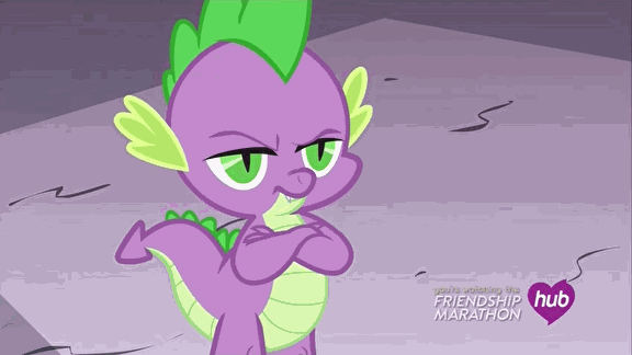 Size: 576x324 | Tagged: safe, screencap, character:spike, episode:simple ways, g4, my little pony: friendship is magic, animated, aside glance, fourth wall, hub logo, hubble, looking at you, looking sideways, raised eyebrow, reaction image, solo, the hub