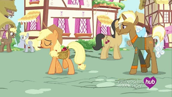 Size: 576x324 | Tagged: safe, screencap, character:applejack, character:cherry cola, character:coco crusoe, character:derpy hooves, character:half baked apple, character:linky, character:shoeshine, character:trenderhoof, species:pegasus, species:pony, episode:simple ways, g4, my little pony: friendship is magic, animated, apple, apple family member, bucky, female, gif, hub logo, hubble, mare, the hub