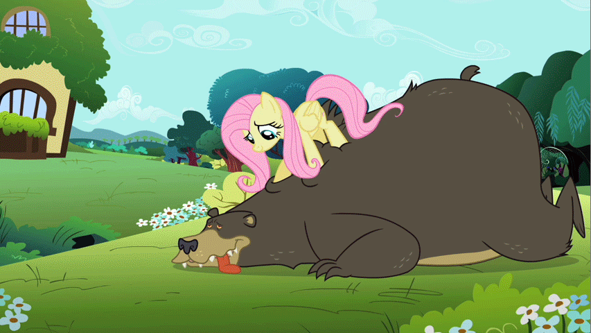 Size: 853x480 | Tagged: safe, screencap, character:fluttershy, character:harry, episode:lesson zero, g4, my little pony: friendship is magic, animated, bear, blep, cute, duo, loop, massage, smiling, talking, tongue out, wavy mouth
