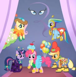 Size: 673x687 | Tagged: safe, screencap, character:applejack, character:fluttershy, character:pinkie pie, character:rainbow dash, character:twilight sparkle, character:twilight sparkle (unicorn), species:earth pony, species:pegasus, species:pony, species:unicorn, episode:suited for success, g4, my little pony: friendship is magic, female, mare, rarity logo