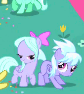 Size: 170x190 | Tagged: safe, screencap, character:bon bon, character:cloudchaser, character:flitter, character:lyra heartstrings, character:sweetie drops, episode:pinkie pride, g4, my little pony: friendship is magic, animated, backflip, barrel roll, cute, cutechaser, dancing, duo focus, filly, flitterbetes, foal, grin, happy, open mouth, smiling, twins, weapons-grade cute, wink