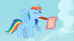 Size: 1366x768 | Tagged: safe, screencap, character:rainbow dash, episode:the mysterious mare do well, g4, my little pony: friendship is magic, flying, grin, looking at you, magic, mouth hold, smiling, solo, spread wings, wings, wink