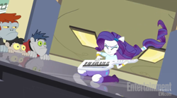 Size: 610x340 | Tagged: safe, screencap, character:fido, character:rarity, character:rover, species:diamond dog, episode:player piano, equestria girls:rainbow rocks, g4, my little pony:equestria girls, bug-eyes, diamond dudes, keytar, musical instrument, ponied up, spot