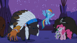 Size: 1366x768 | Tagged: safe, screencap, character:chief thunderhooves, character:little strongheart, character:pinkie pie, character:rainbow dash, character:spike, episode:over a barrel, g4, my little pony: friendship is magic