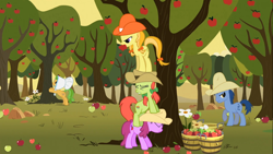 Size: 1366x768 | Tagged: safe, screencap, character:berry punch, character:berryshine, character:blues, character:jonagold, character:noteworthy, character:peachy sweet, character:perfect pie, species:earth pony, species:pony, episode:over a barrel, g4, my little pony: friendship is magic, apple, apple family member, apple orchard, apple tree, background pony, clothing, cowboy hat, eyes closed, female, food, hat, mare, ponies, pony pile, stetson, tower of pony, tree