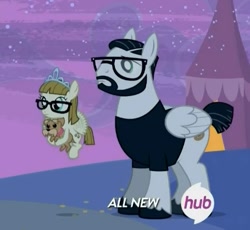 Size: 455x419 | Tagged: safe, screencap, character:zipporwhill, species:dog, species:pegasus, species:pony, episode:filli vanilli, g4, my little pony: friendship is magic, all new, cropped, cute, female, filly, glasses, hub logo, male, mare, nightjar, ripley, stallion, text, tiara, zipporbetes