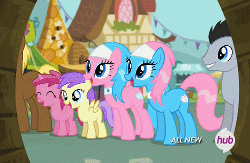 Size: 500x327 | Tagged: safe, screencap, character:aloe, character:alula, character:coco crusoe, character:lotus blossom, character:lucky clover, character:pluto, character:ruby pinch, species:pony, episode:filli vanilli, g4, my little pony: friendship is magic, all new, animated, cute, eyes closed, gif, grin, happy, hoofy-kicks, hub logo, hubble, pluto, smiling, spa twins, spaww twins, text, the hub, trotting, trotting in place