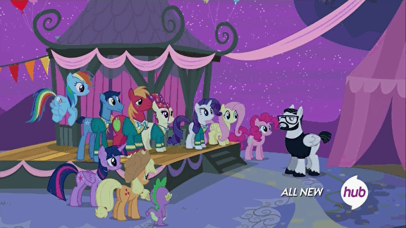Size: 576x324 | Tagged: safe, screencap, character:applejack, character:fluttershy, character:pinkie pie, character:rainbow dash, character:rarity, character:spike, character:toe-tapper, character:torch song, character:twilight sparkle, character:twilight sparkle (alicorn), character:zipporwhill, species:alicorn, species:pony, episode:filli vanilli, g4, my little pony: friendship is magic, animated, cute, female, filly, glasses, gotta go fast, hub logo, hubble, mane seven, mane six, mare, nightjar, the hub, zipporbetes