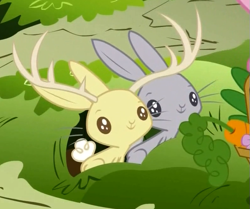 Size: 561x469 | Tagged: safe, screencap, species:rabbit, episode:filli vanilli, g4, my little pony: friendship is magic, animal, burrow, carrot, cropped, duo, jackalope