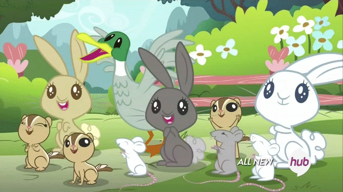 Size: 670x376 | Tagged: safe, screencap, species:duck, species:mallard, species:rabbit, episode:filli vanilli, g4, my little pony: friendship is magic, animal, animated, chipmunk, clapping, flapping, male, mouse, open beak, open mouth
