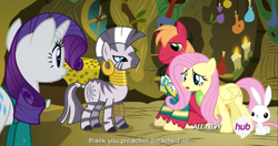 Size: 1151x609 | Tagged: safe, screencap, character:angel bunny, character:big mcintosh, character:fluttershy, character:rarity, character:zecora, species:earth pony, species:pony, species:zebra, episode:filli vanilli, g4, my little pony: friendship is magic, male, meme, preacher, religion, stallion, youtube caption