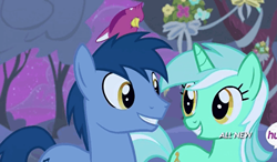Size: 504x294 | Tagged: safe, screencap, character:blues, character:lyra heartstrings, character:noteworthy, species:bird, species:earth pony, species:pony, species:unicorn, episode:filli vanilli, g4, my little pony: friendship is magic, animal, background pony, cardinal, duo, eye contact, female, grin, hub logo, hubble, lyraworthy, male, mare, ponies standing next to each other, shipping fuel, smiling, songbird, stallion, straight, the hub