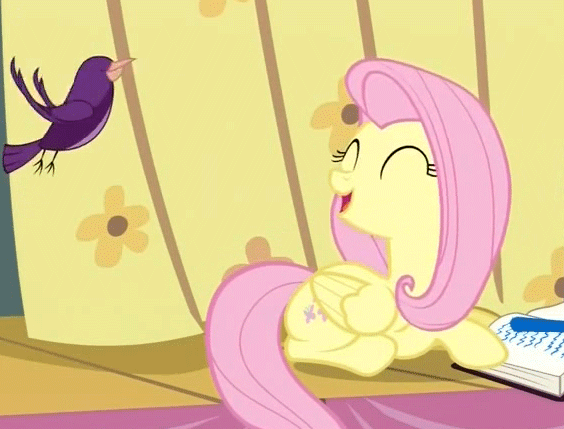 Size: 564x429 | Tagged: safe, screencap, character:fluttershy, species:bird, species:pegasus, species:pony, episode:filli vanilli, g4, my little pony: friendship is magic, animated, book, cute, diary, eyes closed, female, friendship journal, loop, mare, open mouth, prone, shyabetes, singing, smiling, solo, songbird