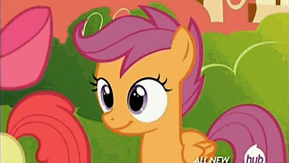 Size: 576x324 | Tagged: safe, screencap, character:apple bloom, character:scootaloo, species:pegasus, species:pony, episode:twilight time, g4, my little pony: friendship is magic, animated, cute, cutealoo, flapping, fluttering, hub logo, hubble, loop, the hub