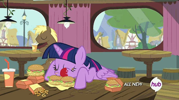 Size: 576x324 | Tagged: safe, screencap, character:twilight sparkle, character:twilight sparkle (alicorn), species:alicorn, species:pony, episode:twilight time, g4, my little pony: friendship is magic, :i, all new, animated, aweeg*, burger, drink, eating, female, hay burger, hay fries, hub logo, hubble, ketchup, mare, messy, messy eating, onion horseshoes, puffy cheeks, smiling, text, that pony sure does love burgers, that pony sure does love hay fries, the hub, twilight burgkle, twilight slobble, wide eyes