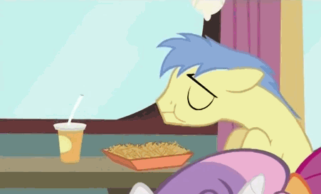 Size: 451x273 | Tagged: safe, screencap, character:goldengrape, character:scootaloo, character:sweetie belle, species:pegasus, species:pony, episode:twilight time, g4, my little pony: friendship is magic, animated, background characters doing background things, drink, eating, food, forever alone, hay burger, hay fries, hub logo, hubble, lonely, meme, table, the hub