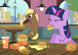 Size: 699x492 | Tagged: safe, screencap, character:coco crusoe, character:twilight sparkle, character:twilight sparkle (alicorn), species:alicorn, species:pony, episode:twilight time, g4, my little pony: friendship is magic, adorkable, burger, cute, dork, eating, female, food, french fries, gentlemen, hay burger, hay fries, male, mare, onion horseshoes, that pony sure does love burgers, that pony sure does love hay fries, twiabetes, twilight burgkle, twilight slobble