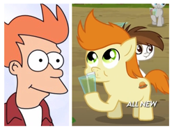 Size: 1136x848 | Tagged: safe, screencap, character:pipsqueak, character:train tracks, species:earth pony, species:pony, episode:twilight time, g4, my little pony: friendship is magic, colt, futurama, gallop j. fry, look-alike, male, philip j. fry