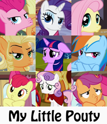 Size: 900x1048 | Tagged: safe, edit, edited screencap, screencap, character:apple bloom, character:applejack, character:fluttershy, character:mare do well, character:pinkie pie, character:rainbow dash, character:rarity, character:scootaloo, character:sweetie belle, character:twilight sparkle, species:pegasus, species:pony, episode:filli vanilli, episode:hurricane fluttershy, episode:one bad apple, episode:pinkie apple pie, episode:simple ways, episode:suited for success, episode:the mysterious mare do well, episode:twilight time, g4, my little pony: friendship is magic, applejewel, compilation, cropped, cutie mark crusaders, duckface, female, filly, mane six, mare, o3o, pouting