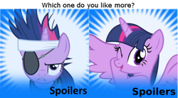 Size: 500x275 | Tagged: safe, screencap, character:twilight sparkle, character:twilight sparkle (alicorn), species:alicorn, species:pony, derpibooru, episode:it's about time, episode:three's a crowd, g4, my little pony: friendship is magic, female, future twilight, mare, meta, spoiler alert, spoilered image joke