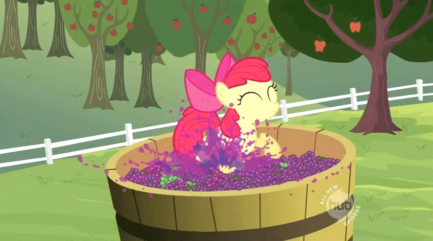 Size: 848x472 | Tagged: safe, screencap, character:apple bloom, episode:sisterhooves social, g4, my little pony: friendship is magic, adorabloom, animated, bucket, cute, eyes closed, grape stomping, grapes, happy, hub logo, smiling, solo, stomping, tub