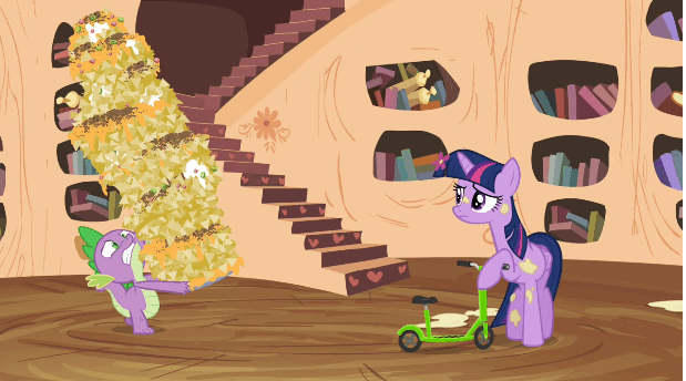 Size: 619x344 | Tagged: safe, screencap, character:spike, character:twilight sparkle, character:twilight sparkle (alicorn), species:alicorn, species:dragon, species:pony, episode:twilight time, g4, my little pony: friendship is magic, amused, animated, confused, duo, female, flower, flower in hair, frustrated, golden oaks library, mare, nachos, oh come on, scooter, too late
