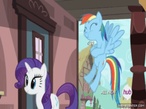 Size: 500x374 | Tagged: safe, screencap, character:rainbow dash, character:rarity, episode:three's a crowd, g4, my little pony: friendship is magic, animated, gagging, hub logo, hubble, image macro, meme, memecenter, reaction image, the hub