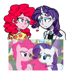 Size: 352x388 | Tagged: safe, artist:xenon, screencap, character:pinkie pie, character:rarity, species:human, episode:putting your hoof down, g4, my little pony: friendship is magic, duo, horned humanization, humanized, looking at each other, pony coloring, scene interpretation, screencap reference