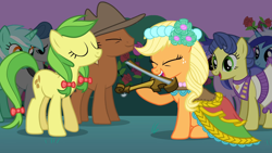 Size: 1920x1080 | Tagged: safe, screencap, character:apple fritter, character:applejack, character:lyra heartstrings, character:meadow song, character:minuette, episode:a canterlot wedding, g4, my little pony: friendship is magic, apple family member, clothing, dress, eyes closed, fiddle, hoof hold, masquerade, mouth hold, sitting, smiling, violin