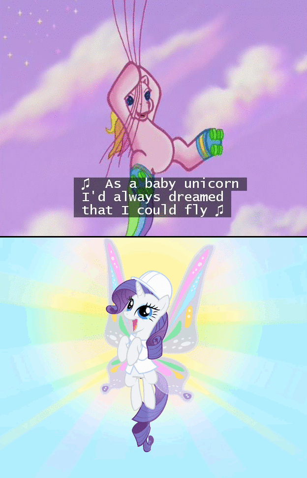 Size: 624x972 | Tagged: safe, screencap, character:rarity, character:rarity (g3), episode:sonic rainboom, episode:the runaway rainbow, g3, g4, my little pony: friendship is magic, animated, dream, flying, glimmer wings, hilarious in hindsight, laughing, plot, singing, song, string, subtitles, wahaha, wings