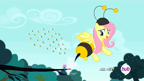 Size: 495x278 | Tagged: safe, screencap, character:fluttershy, character:seabreeze, species:pony, episode:it ain't easy being breezies, g4, my little pony: friendship is magic, animal costume, animated, bee, bee costume, beekini, butt shake, clothing, costume, female, flutterbee, hub logo, hubble, mare, plot, teasing animators, the hub