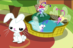 Size: 1628x1080 | Tagged: safe, screencap, character:angel bunny, character:breezette, species:breezies, episode:it ain't easy being breezies, g4, my little pony: friendship is magic, clothing, hat, mushroom hat