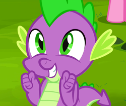 Size: 1280x1080 | Tagged: safe, screencap, character:pinkie pie, character:spike, species:dragon, episode:it ain't easy being breezies, g4, my little pony: friendship is magic, baby, baby dragon, cute, grass, green eyes, grin, happy, hooves, male, smiling, solo, spikabetes
