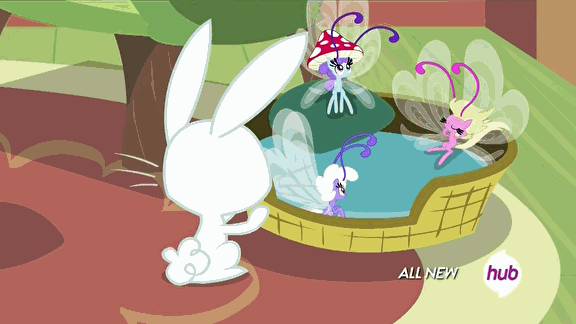 Size: 576x324 | Tagged: safe, screencap, character:angel bunny, character:breezette, species:breezies, episode:it ain't easy being breezies, g4, my little pony: friendship is magic, animated, clothing, hat, hub logo, hubble, mushroom hat, the hub