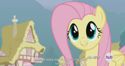 Size: 1152x609 | Tagged: safe, screencap, character:fluttershy, episode:it ain't easy being breezies, g4, my little pony: friendship is magic, hub logo, meme, youtube caption