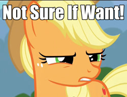 Size: 941x723 | Tagged: safe, screencap, character:applejack, episode:it ain't easy being breezies, g4, my little pony: friendship is magic, caption, faec, image macro, meme, solo