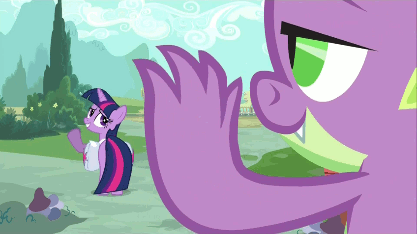 Size: 848x477 | Tagged: safe, screencap, character:spike, character:twilight sparkle, episode:just for sidekicks, g4, my little pony: friendship is magic, animated, loop, saddle bag, waving