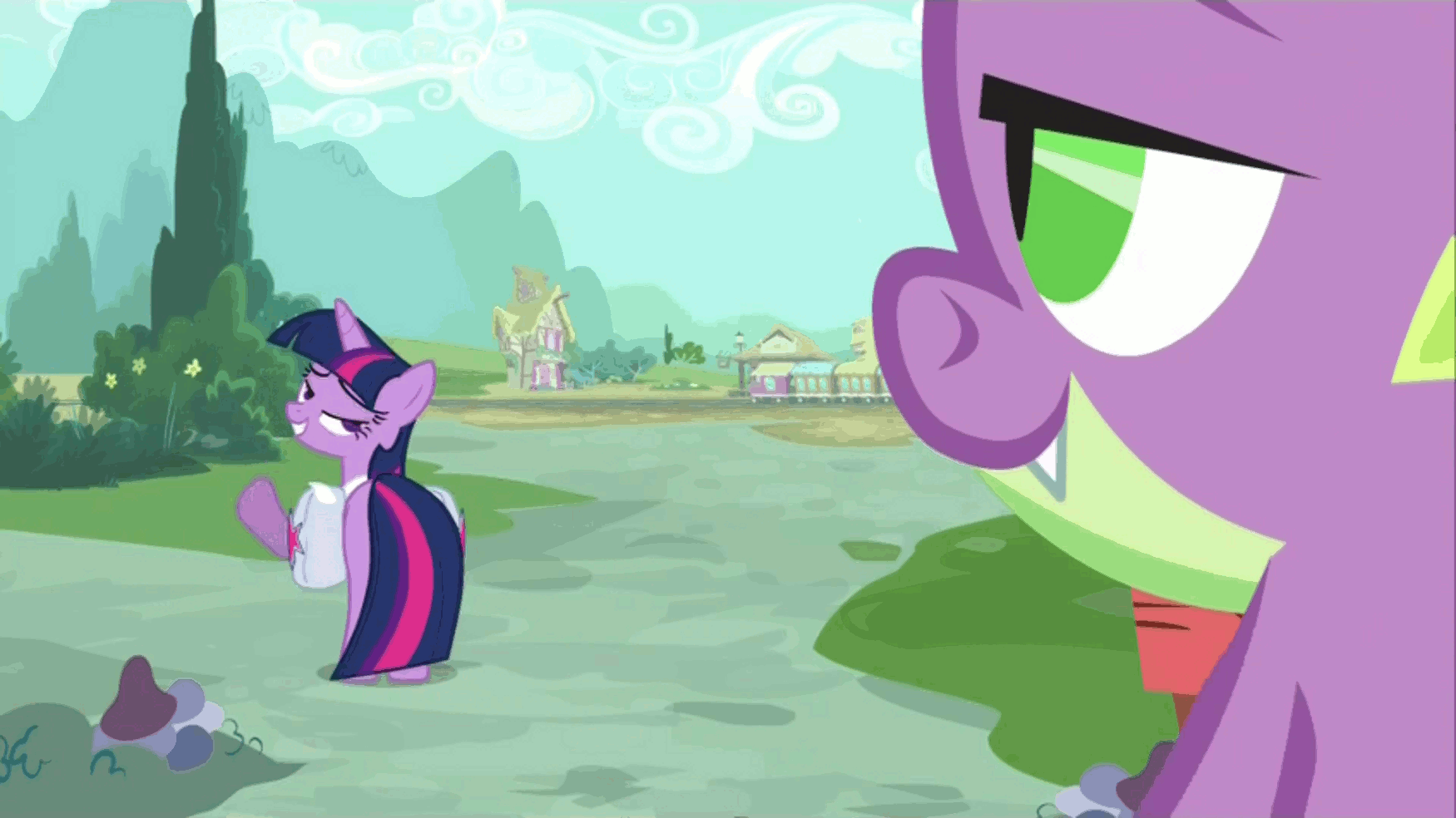 Size: 1750x984 | Tagged: safe, screencap, character:spike, character:twilight sparkle, lidded eyes, out of context, saddle bag